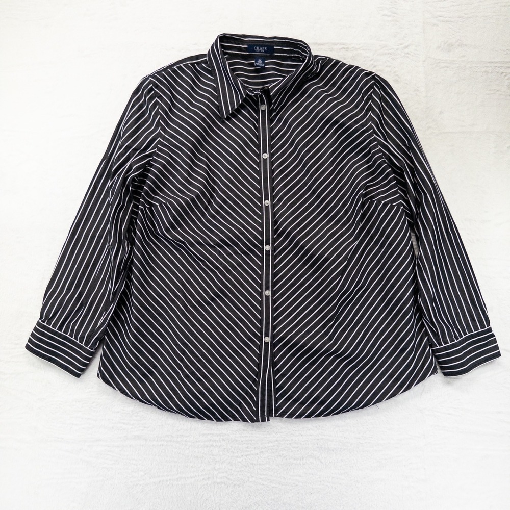 Chaps Shirt Womens 2X Black White Striped Button Down Long Sleeve Cotton Blouse